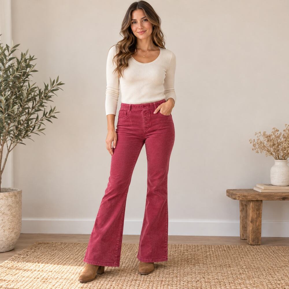 Pilcro Anthropologie Pull-On Icon Pink Corduroy Flare Pants 28 Stretch